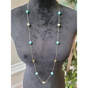 Women's Gold Chain Necklace Blue Beaded Ball Station Lobster Clasp Long
